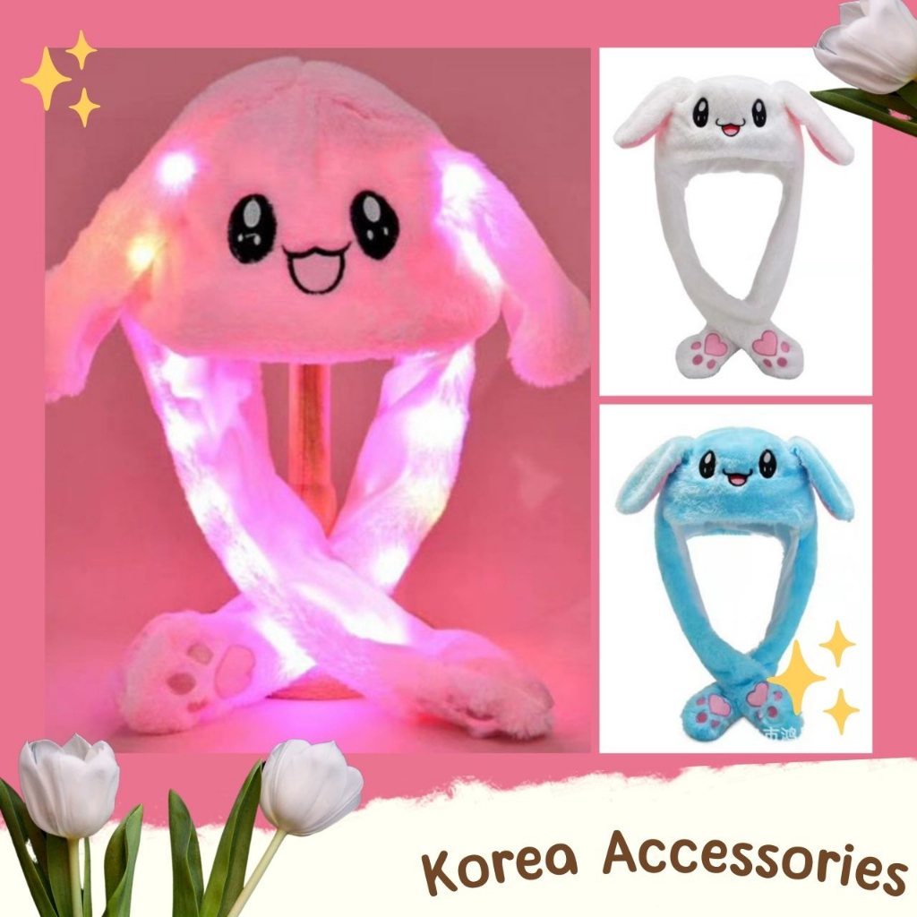 Korean หมวกกันหนาวดุ๊กดิ๊ก กระดิกหูได้มีไฟ รูปตัวการ์ตูนขนปุยนิ่ม
