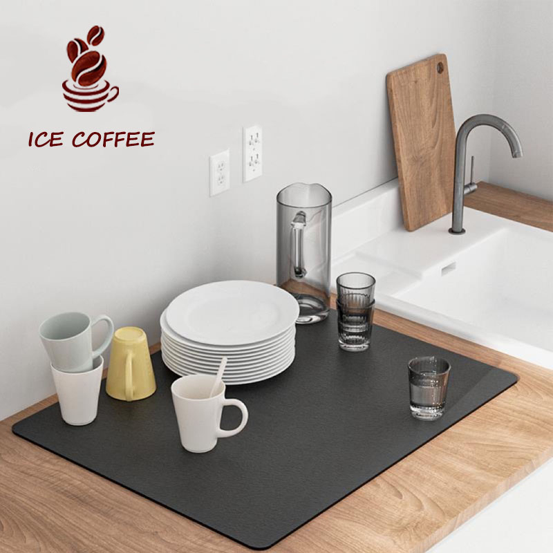 🧊 ICE COFFEE แผ่นดูดซับน้ํา แผ่นรองจาน สีเทา ดูดซับน้ําได้ดี กันลื่น กันกระเด็น แบบแห้งเร็ว สําหรับห้องครัว Dry Mat