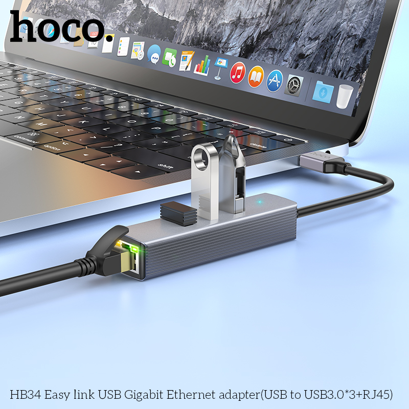HOCO HB34 Hub 4in1 ชนิด Type-C / USB to USB 3.0 *3 + RJ45 1000 Mbps ...