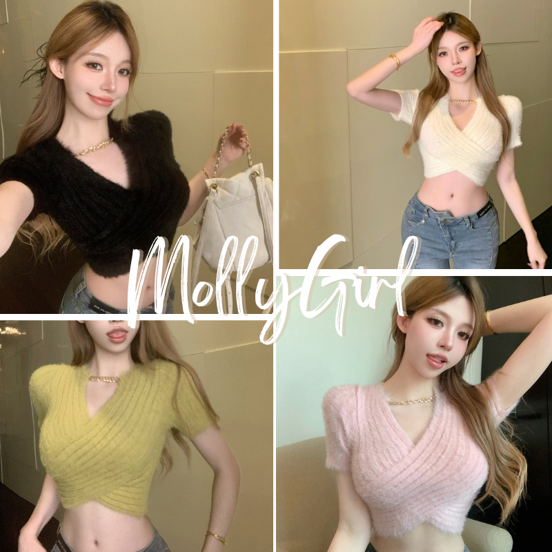 Mollygirl เสื้อครอปไขว้อก มาใหม่ งานไหมพรม