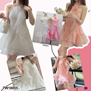 👗Pfashion [ส่งไวมาก🚛] P18855 เดรสสั้น แต่งดอกไม้คอ ชายระบาย ..