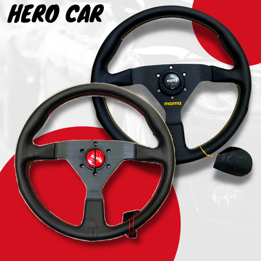 พวงมาลัยรถยนต์ พวงมาลัยแต่งใส่รถยนต์ พวงมาลัยรถยนต์ MOMO ขนาดรอบวง 14นิ้ว หนังแท้ไม่ยกก้าน พวงมาลัยร