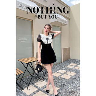 งานป้าย Bellita การันตีเสื้อผ้าคุณภาพ มินิเดรสสีดำกำมะหยี่ กระโปรงเข้ารูป ที่อกสีขาว
