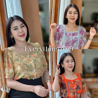 Everything2019 ⚡(6246-1) เสื้อคอเหลี่ยมแต่งลูกไม้แขนสั้น ผ้าชีฟองใส่สบาย เสื้อทำงานผู้หญิงสวยๆ