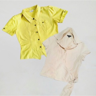 เสื้อผ้ามือสอง เชิ้ต ครอป แขนสั้น ใส่ทำงาน ใส่ไปคาเฟ่ แฟชั่นผู้หญิง