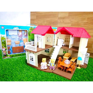 Happy Sweet Family House Set บ้านซิลวาเนียน บ้านตุ๊กตา พร้อมตุ๊กตา และเฟอร์นิเจอร์ 2ชั้น สีครีม พร้อมสัตว์2ตัว