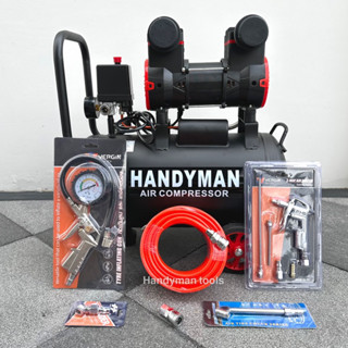 Handyman ปั๊มลม ถังลม ปั๊มลมออยฟรี ขนาด 30 ลิตรเต็ม กำลังไฟ 1400W ปั๊มลมเร็วกว่าออยยฟรีปกติ สีดำด้านสวยงาม+อุปกรณ์6อย่าง