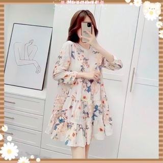 พร้อมส่ง Creamy Dress เดรสลายลายดอกไม้ แขนยาว  โทนสีครีมอ่อน งานป้าย