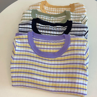 TA-1 เสื้อยืดไหมพรม คอกลม แขนสั้น เสื้อแฟชั่นลายทาง สีพาสเทล ใส่สบาย สินค้าพร้อมส่ง