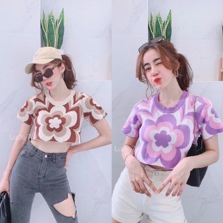 🌈Aann shop👆เสื้อครอปไหมพรมแขนสั้นลายดอกไม้