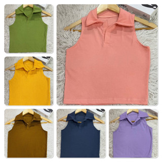 Sns59💐เสื้อครอปน่ารัก แขนกุดโปโลผ้าร่อง