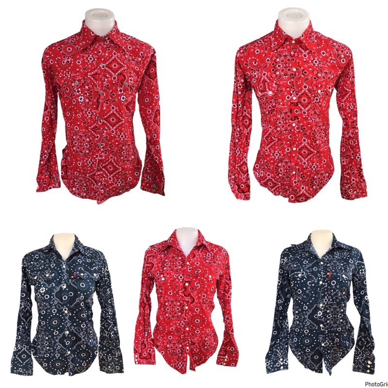 เสื้อเชิ้ตลายผ้าเช็ดหน้าสีแดง สีกรม เสื้อเชิ้ตคาวบอย