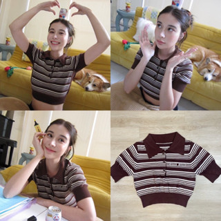 BY IRA (2997)Short Sleeves Top เสื้อครอปแขนสั้นลายทาง คอปกสไตล์เกาหลี