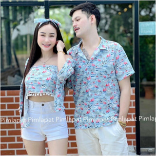 MM18824 Set คู่รัก เสื้อฮาวาย + เกาะอก + เสื้อคลุม + โบว์ผูกผม พิมพ์ลาย  Couple Set: Hawaiian shirt + strapless + cloak