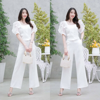 MM18810 Set 2 ชิ้น เสื้อแต่งแขนพอง + กางเกงขายาว ทรงขาบาน .Set 2 pieces. Puffy sleeve shirt + long pants. Wide leg shape