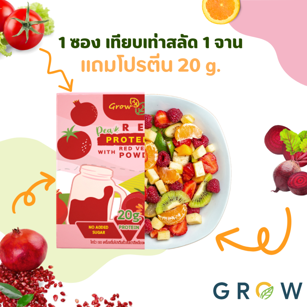 Grow RED โปรตีนพืชไม่หวาน ส่วนผสมคลีน ผสม Super Food ไม่มีน้ำตาล