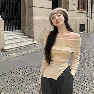 พร้อมส่ง เสื้อไหมพรมแขนยาวปาดไหล่ ด้านล่างผ่า ใส่เเล้วคุณหนูมาก