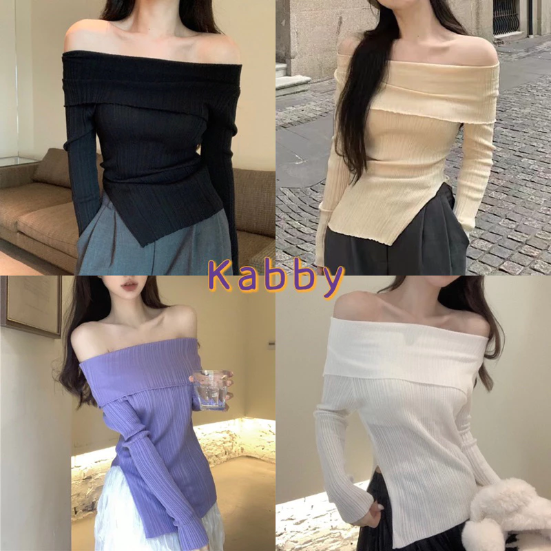 พร้อมส่ง เสื้อไหมพรมแขนยาวปาดไหล่ ด้านล่างผ่า ใส่เเล้วคุณหนูมาก