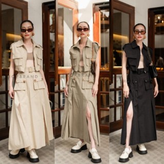 เซต 3 ชิ้น เสื้อแจ็คเก็ตแขนกุด+กระโปรงยาวผ่าข้าง+เข็มขัด VSHOP