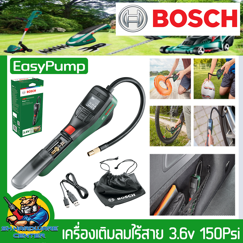 เครื่องเติมลม ปั้มลมพกพาไร้สาย 3.6v ทำแรงดันได้ 150psi มีหัวเติมลม 3แบบ ยี่ห้อ BOSCH รุ่น EASYPUMP (รับประกัน 6เดือน)