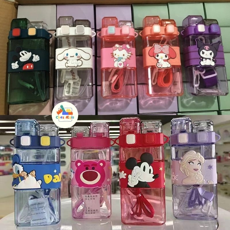 [พร้อมส่ง] กระติกน้ำเด็ก กระติกน้ำทรงสี่เหลี่ยม ขนาด 520 mL หลอดเด้ง แถมสายสะพาย