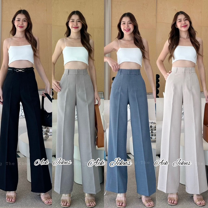 S-XXL กางเกงขากระบอกกลางเอวสูงตะขอหน้า รุ่นแต่งหูเข็มขัดทรงสวยเนื้อผ้าใส่สบาย
