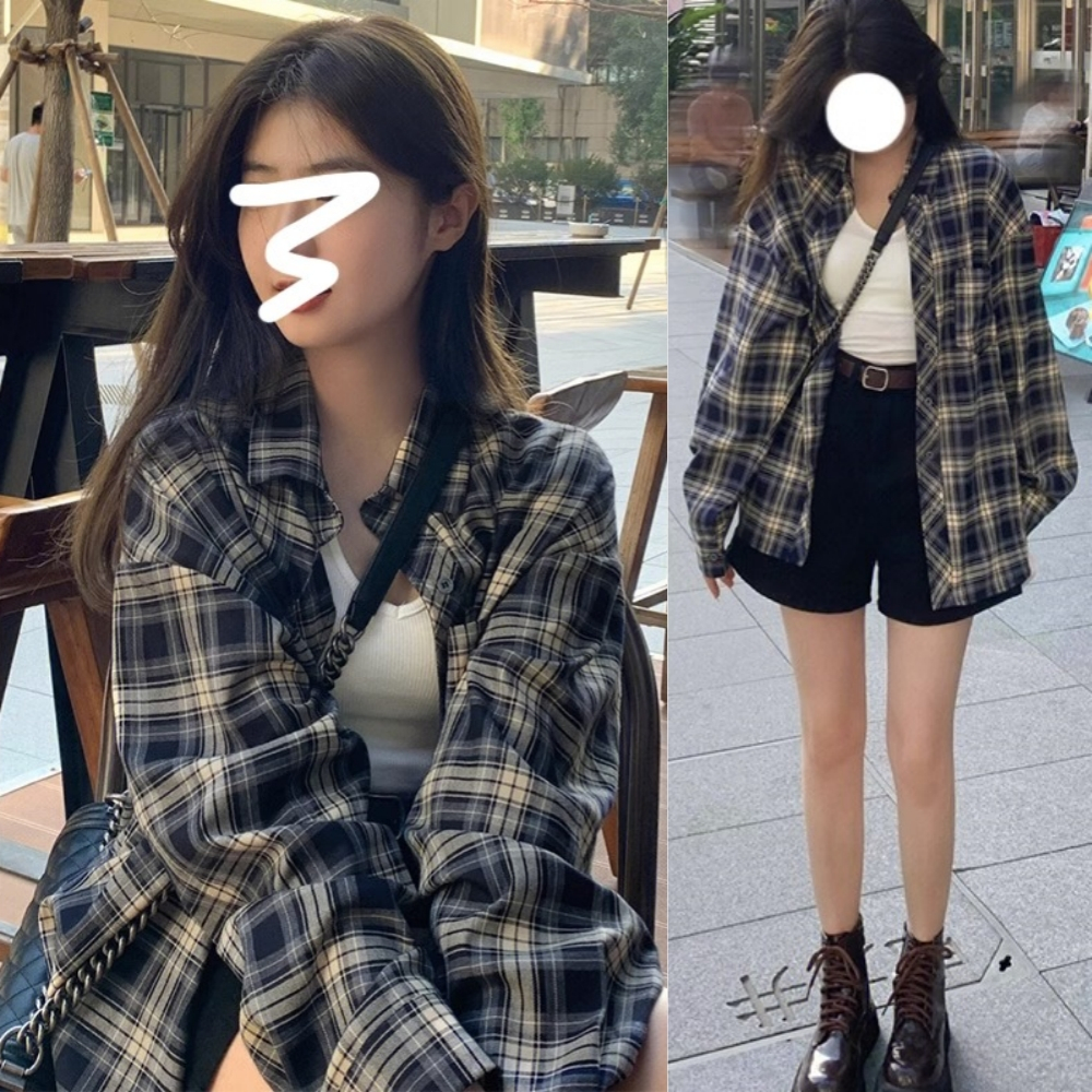 CT2973 เสื้อเชิ้ตฤดูใบไม้ร่วงใหม่ลายสก๊อตสีฟ้าผู้หญิง ทรงหลวม แฟชั่นเกาหลีแนวเกาหลีใส่คลูๆ ผ้าไม่หนา free size