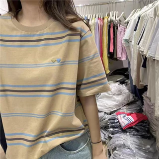 3017# เสื้อยืดแฟชั่นผู้หญิง ลายปักหัวใจ หลวมใส่สบาย ลายริ้ว น่ารักๆ