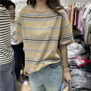 3017# เสื้อยืดแฟชั่นผู้หญิง ลายปักหัวใจ หลวมใส่สบาย ลายริ้ว น่ารักๆ