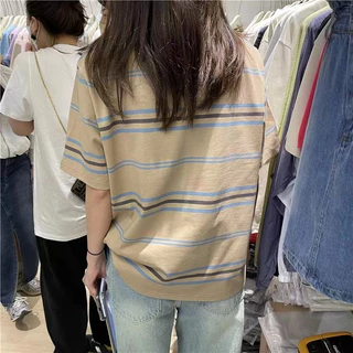 3017# เสื้อยืดแฟชั่นผู้หญิง ลายปักหัวใจ หลวมใส่สบาย ลายริ้ว น่ารักๆ
