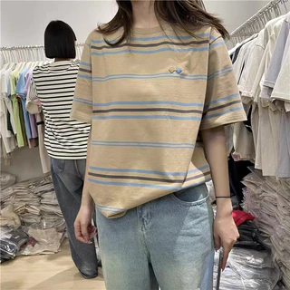 3017# เสื้อยืดแฟชั่นผู้หญิง ลายปักหัวใจ หลวมใส่สบาย ลายริ้ว น่ารักๆ