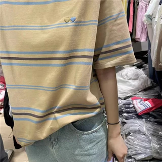 3017# เสื้อยืดแฟชั่นผู้หญิง ลายปักหัวใจ หลวมใส่สบาย ลายริ้ว น่ารักๆ
