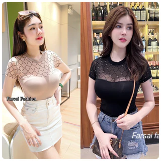 รหัสBC✨กรี๊ดด!! มาแรงง ซีทรูแขนสั้น ตาข่ายเพชร สุดแซ่บ💋