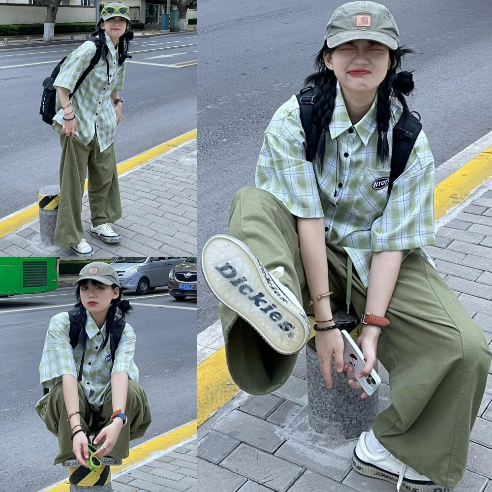 CT2998 ส่งไวจากไทย เสื้อเชิ้ตลายสก็อต เสื้อแขนยาว ผู้หญิง สีเขียว แฟชั่นเกาหลีผ้ายืดดีแนวสตรีท เท่ๆ ฮิปฮอป oversize