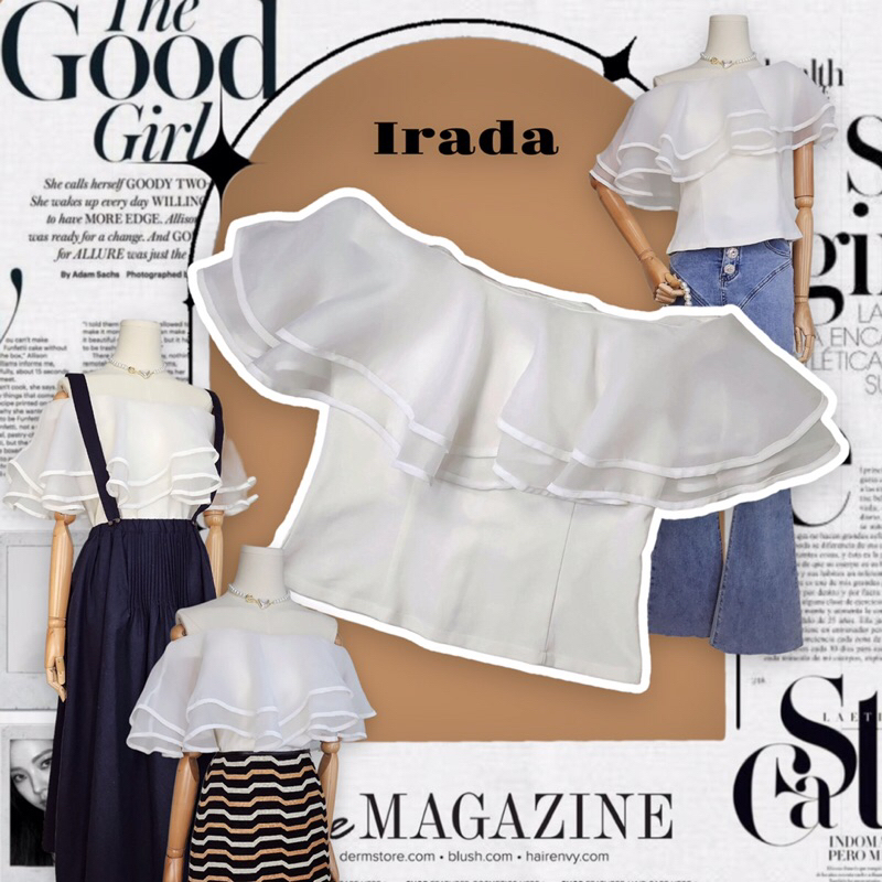 ❌sold❌เสื้อไหล่ปาดแบรนด์ Irada แต่งระบายผ้าแก้ว สี off white มีซับ ผ้ายืดได้นิดหน่อย