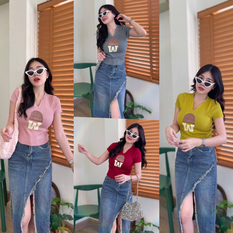 🌈 SpinnyHouse 🌈เสื้อแขนสั้น ผ้าไหมพรม ทรงคอวี 🍜 ช่วงอกสกรีนลาย รุ่น w B-018-2-B