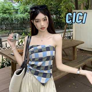 Cici(NO.739)เสื้อเกาะอกลายตาราง สม๊อกหลัง ด้านหน้าดีเทลสามเหลี่ยม สวยแซ่บ ห้ามพลาด