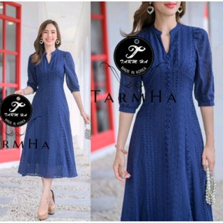 เดรสออกงานสีน้ำเงิน!!! S-4XL Maxi Dress เดรสสีน้ำเงินแขนศอกผ้าฉลุลาย งานป้าย Tarm Ha