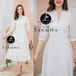 เดรสออกงาน6สี!!! S-6XL Maxi Dress ชุดไปวัด,เดรสดำ,เดรสสีขาวแขนศอกผ้าฉลุลาย งานป้าย Tarm Ha