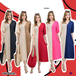 👗Pfashion [ส่งไวมาก🚛] P18856 เดรส #สาวอวบ ทูโทน + กระเป๋าผ้าทูโทน ..