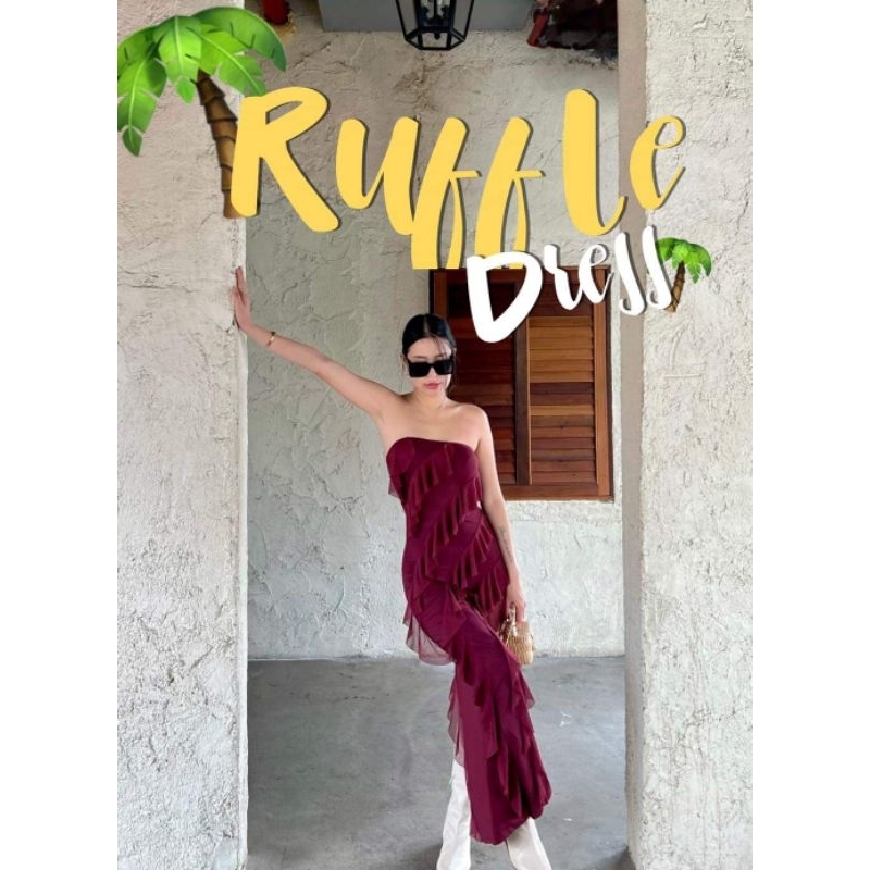 (Used)งานร้าน Jolie Store(L)::Ruffle dress เดรสเกาะอกแต่งระบายแหวกข้าง สีเลือดหมู