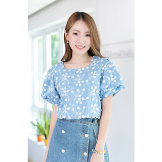 Narinari : NT2436 Ivy Balloon Sleeve Crop Blouse – Blue