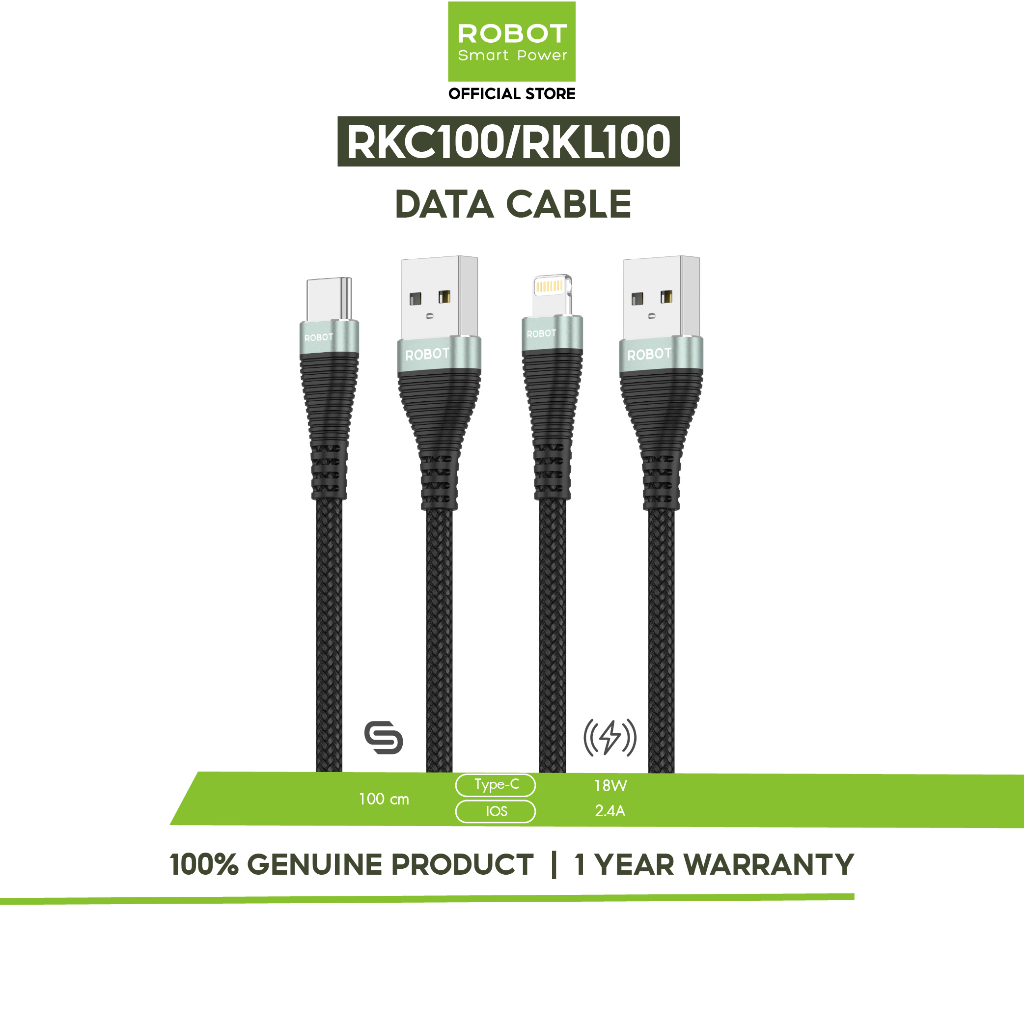 ROBOT สายชาร์จมือถือ   รุ่น  RKL100/ RKC100  สายชาร์จ2 in 1 Data Cable (iOS / Type-C)  ชาร์จเร็ว PD Charge 18W ขนาด 100m