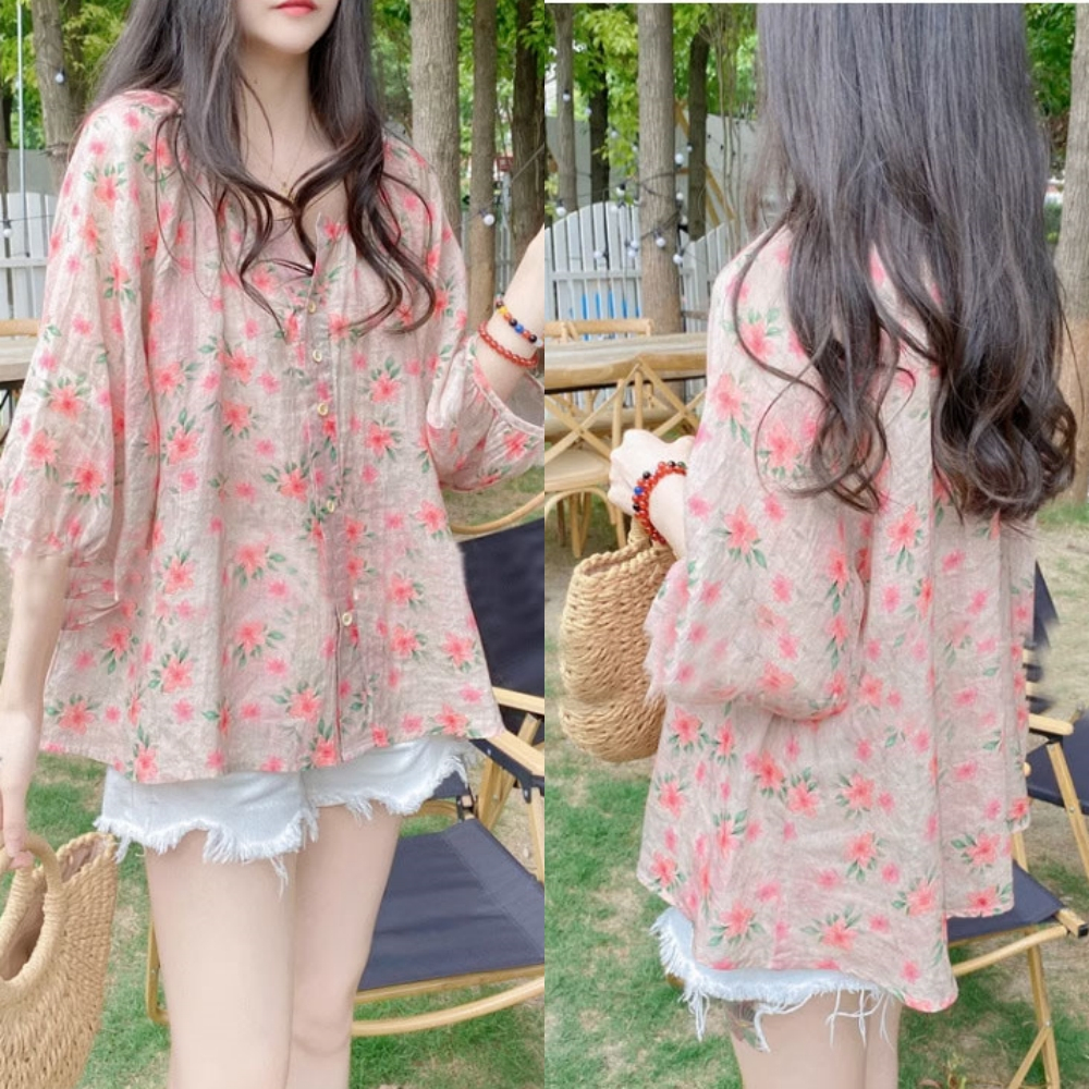 พร้อมส่ง MC3005 เสื้อแฟชั่น ผู้หญิง ผ้าชีฟองลายดอกไม้ แขนพองจ้ำข้อ สาวอวบใส่ได้ ผ้านิ่มมาก ทรงหลวม free size