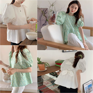 MCB12726 เสื้อลายดอกสไตล์ลูกคุณ ใส่ไปงานบุญสวยๆ สีเขียวลายดอก+เรียบๆ มี2สี คอกลมแขนสั้นพองๆ ดีเทลโบว์ด้านหลังสวยมาก
