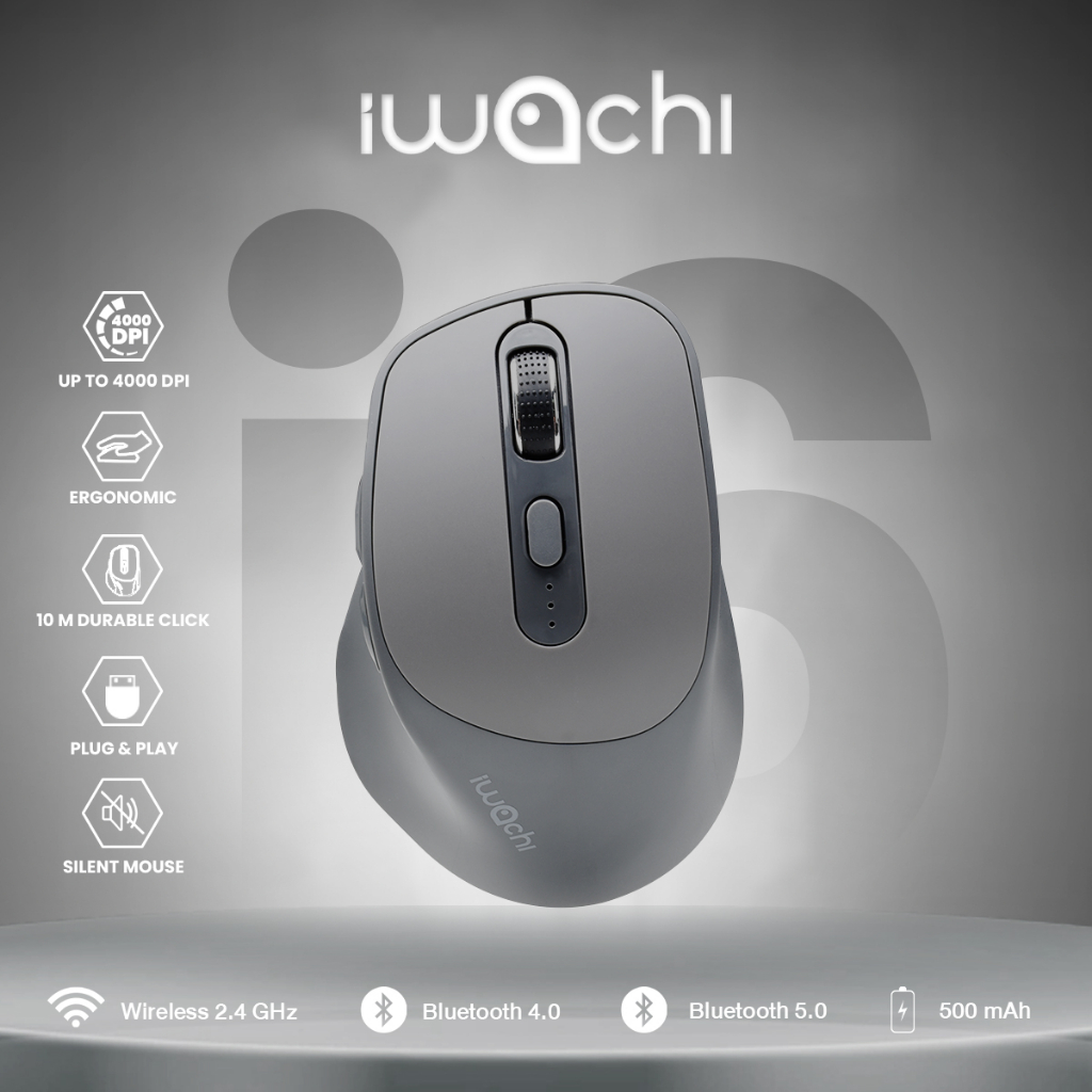 ซื้อ เมาส์ไร้สาย IWACHI i6 สีเทา ใช้งานได้หลายอุปกรณ์ เสียงคลิกเงียบ ไร้เสียงรบกวน ชาร์จแบตได้