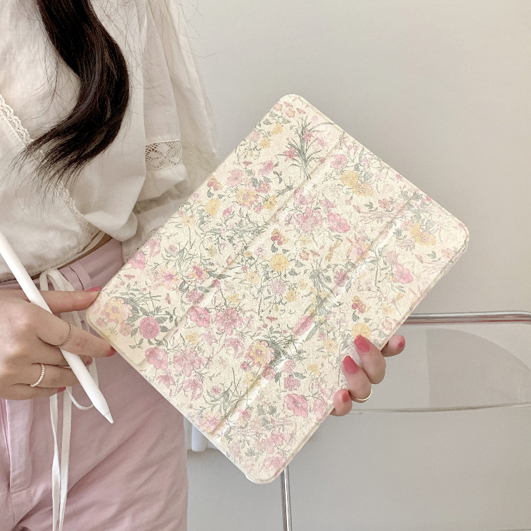 พร้อมส่ง เคสไอแพด Gen10 Gen9/8 air6 ดอกไม้วินเทจ ช่องใส่ปากกาขวา Acrylic เคสiPad Pro11 2024 MINI7
