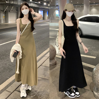 10095# พร้อมส่ง เดรสแขนกุดไหมพรมเรียบหรูงานดี กระดุม2เม็ด เดรส ทรงยาวรับลมร้อน สไตล์เกาหลี ลูกคุณหนู