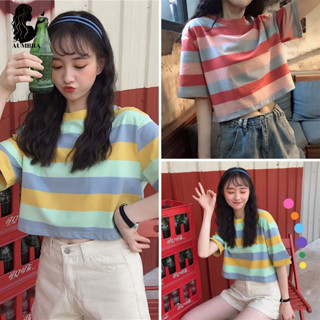 เสื้อยืดสีพลาสเทล เอวลอยสไตล์มินิมอล คอกลม เสื้อครอปแฟชั่นวัยรุ่น พร้อมส่ง TS34