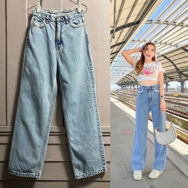 กางเกงยีนส์ขากระบอก เอวสูง แต่งขอบลูกไม้ งานป้าย SARAN ยีนส์พี่หมวย